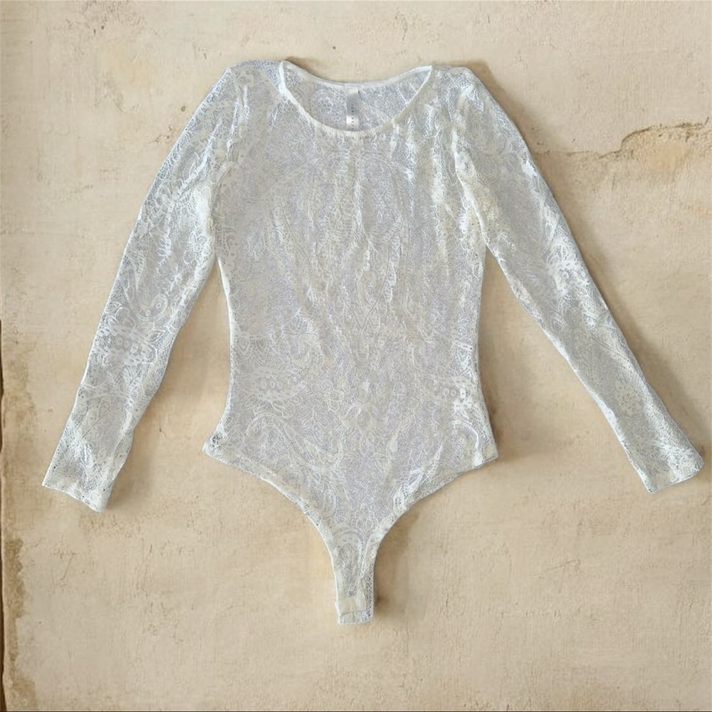 Cream Lace Women's Bodysuit Stretch Festival Bride Pinup Dancer Baddie Hot L/XL - Picture 4 of 4